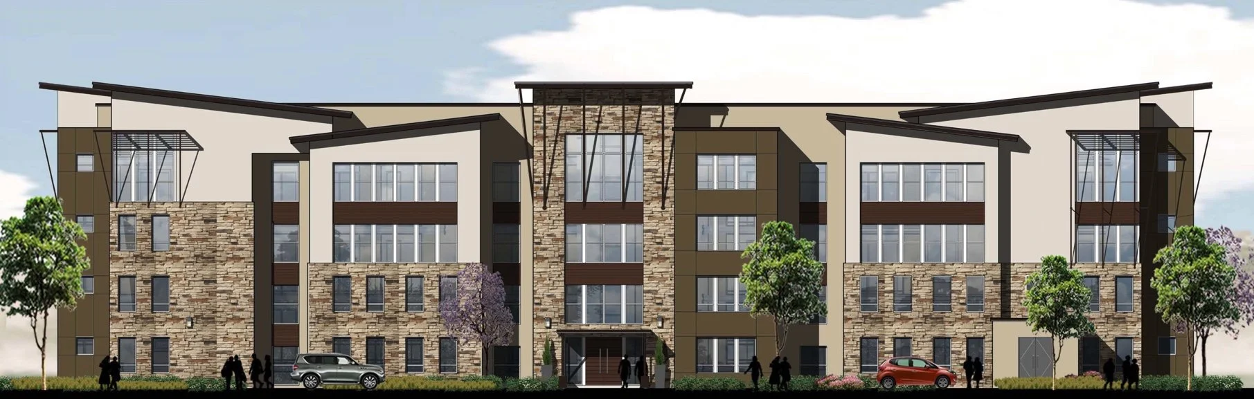 Architectural rendering of a modern multi-story residential building with stone and beige exterior, large windows, and landscaped surroundings including trees and parked cars.