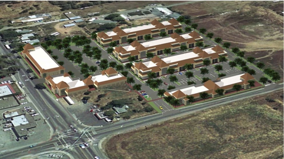 A digital rendering of a large shopping plaza with multiple storefronts, parking lots, and trees in a suburban area.