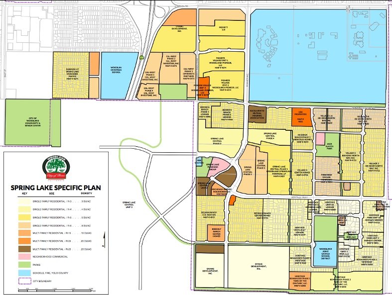 Map of Spring Lake city with land use zones including residential, commercial, school, and open space areas, and a key legend explaining the zones.
