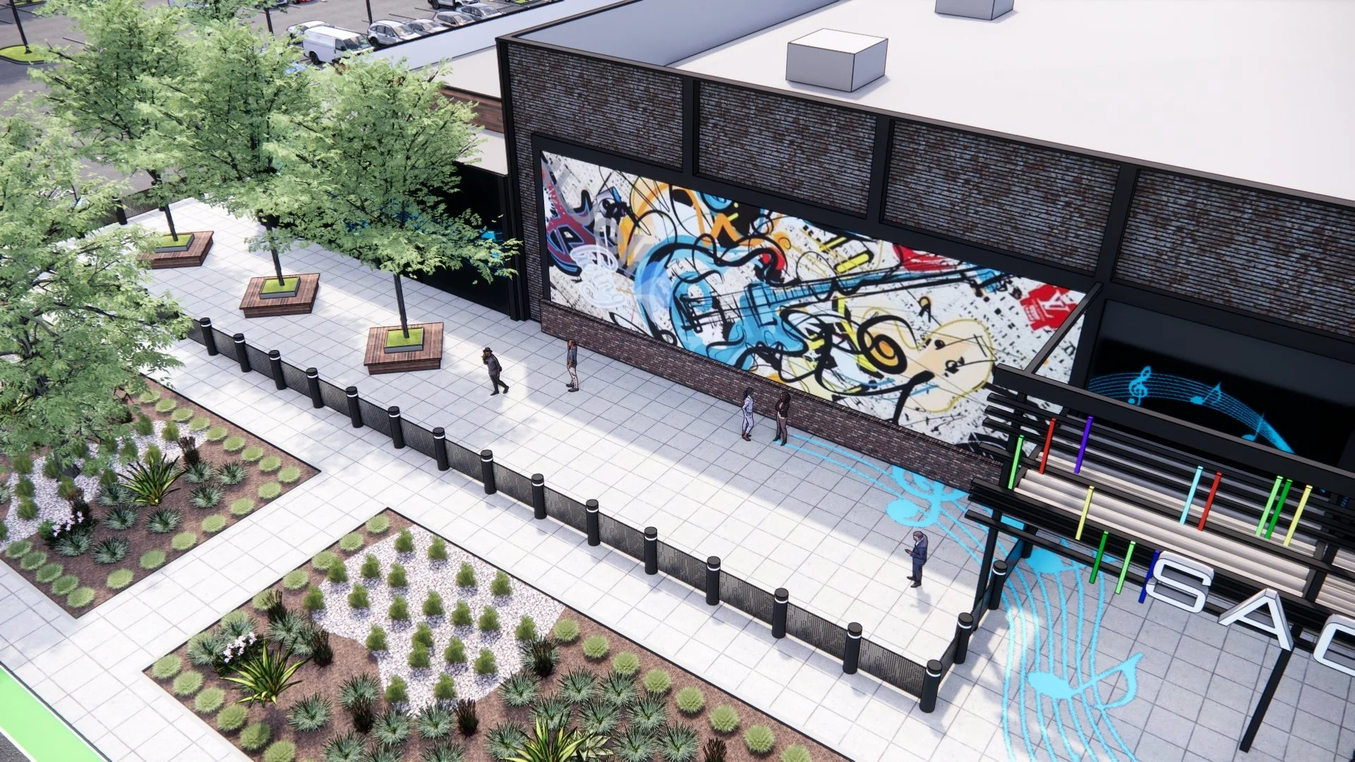 A digital rendering of an outdoor urban space with trees, benches, and a walking path in front of a large building featuring colorful musical-themed graffiti art and a digital musical note display.