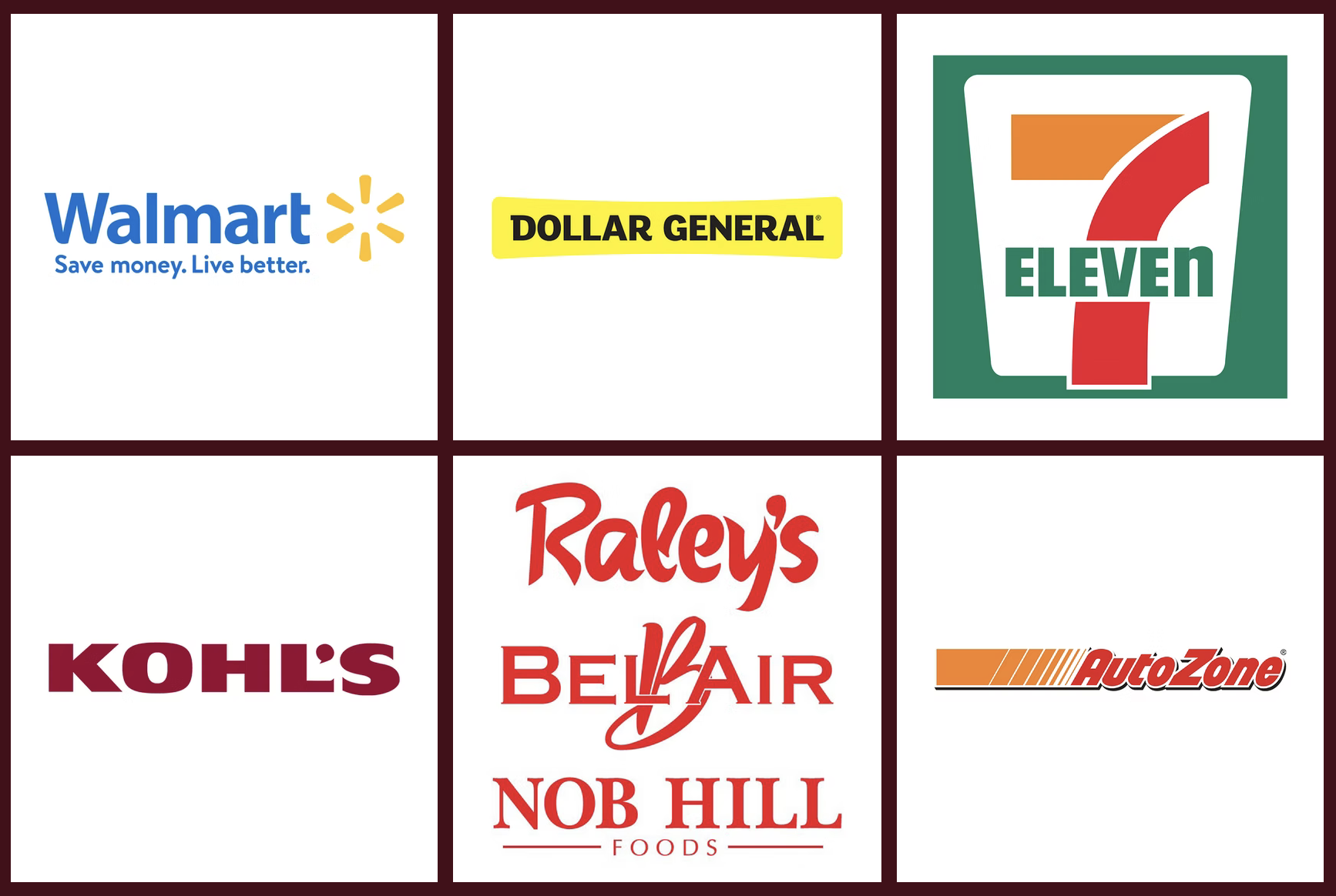 A collage of six retail store logos: Walmart, Dollar General, 7-Eleven, Kohl's, Raley's, and AutoZone.