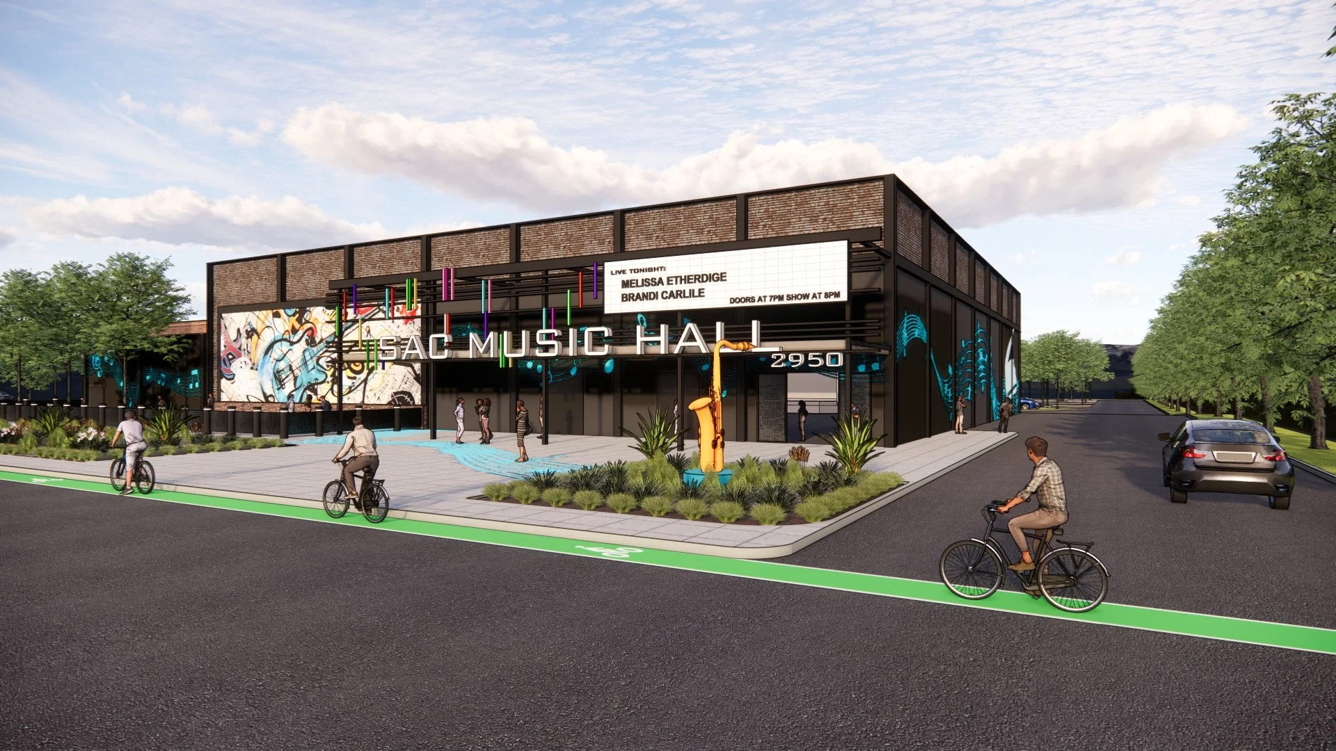Rendering of a modern music hall building with artwork and neon signs, featuring a bike lane and several people riding bicycles and walking outside.