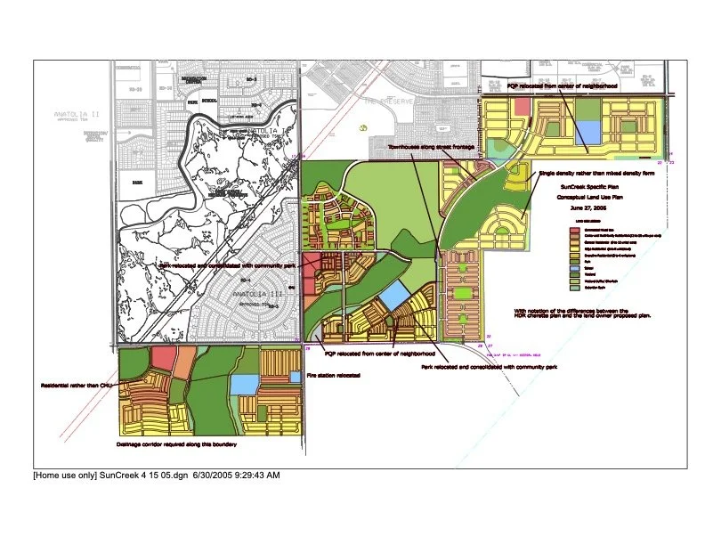 Urban development and land use plan map with color-coded zones, roads, parks, water bodies, and annotations showing proposed relocations and boundaries.