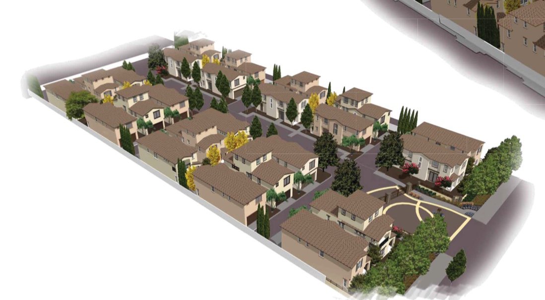A 3D rendering of a residential neighborhood with multiple houses, trees, and streets within a gated community.