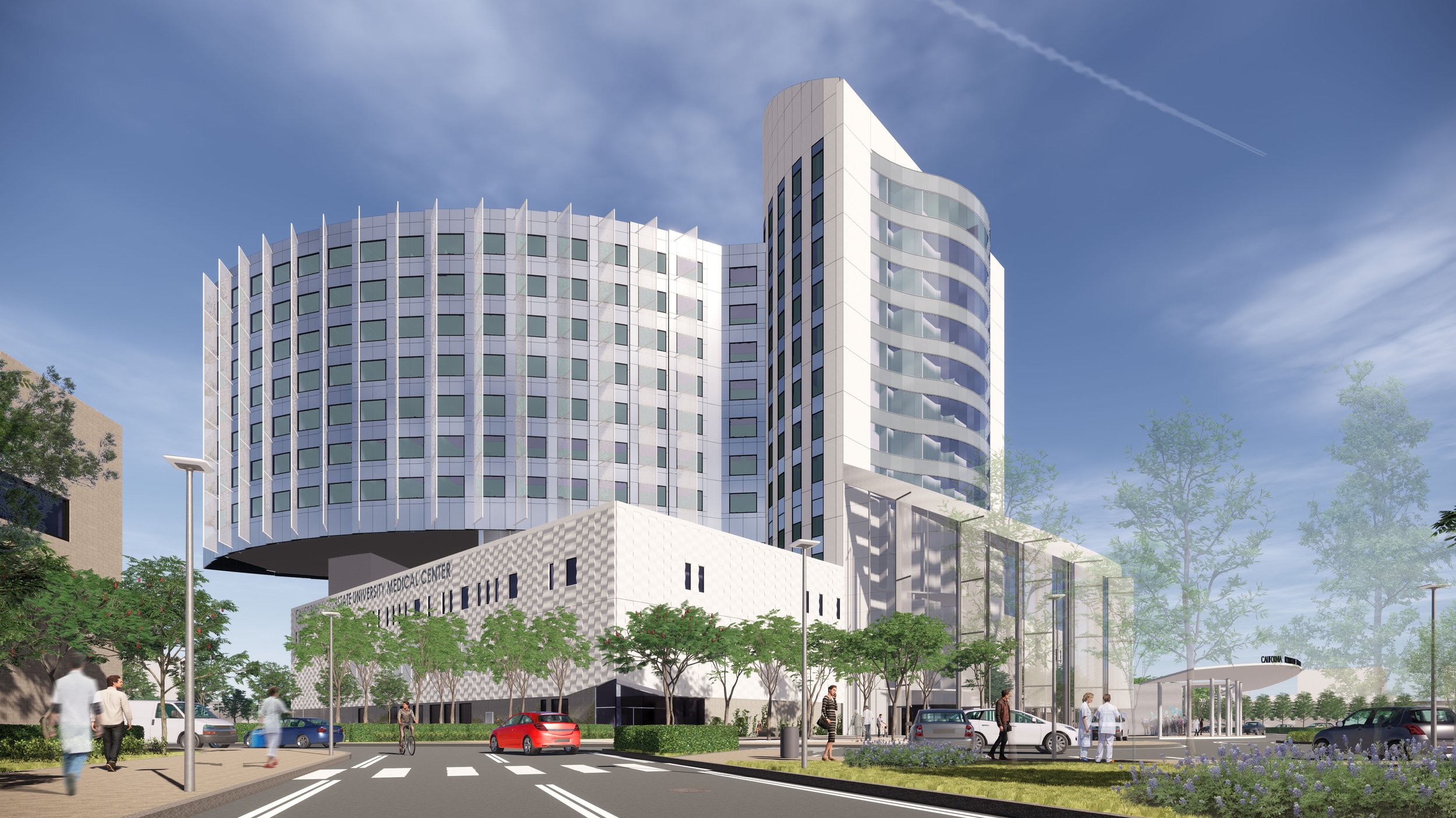 A modern multi-story medical building with a curved facade, labeled as California State University Medical Center, surrounded by trees, a parking lot, people walking, and a clear blue sky with some clouds and contrails.