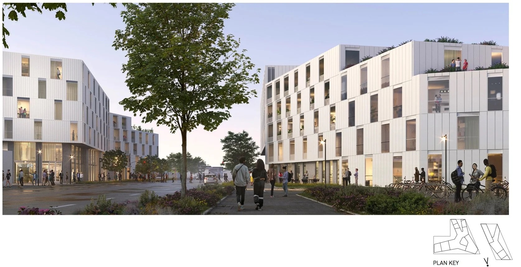 Rendering of a modern residential complex with white multi-story buildings, large windows, and balconies, along with trees, sidewalks, and people walking, biking, and socializing outside during dusk.