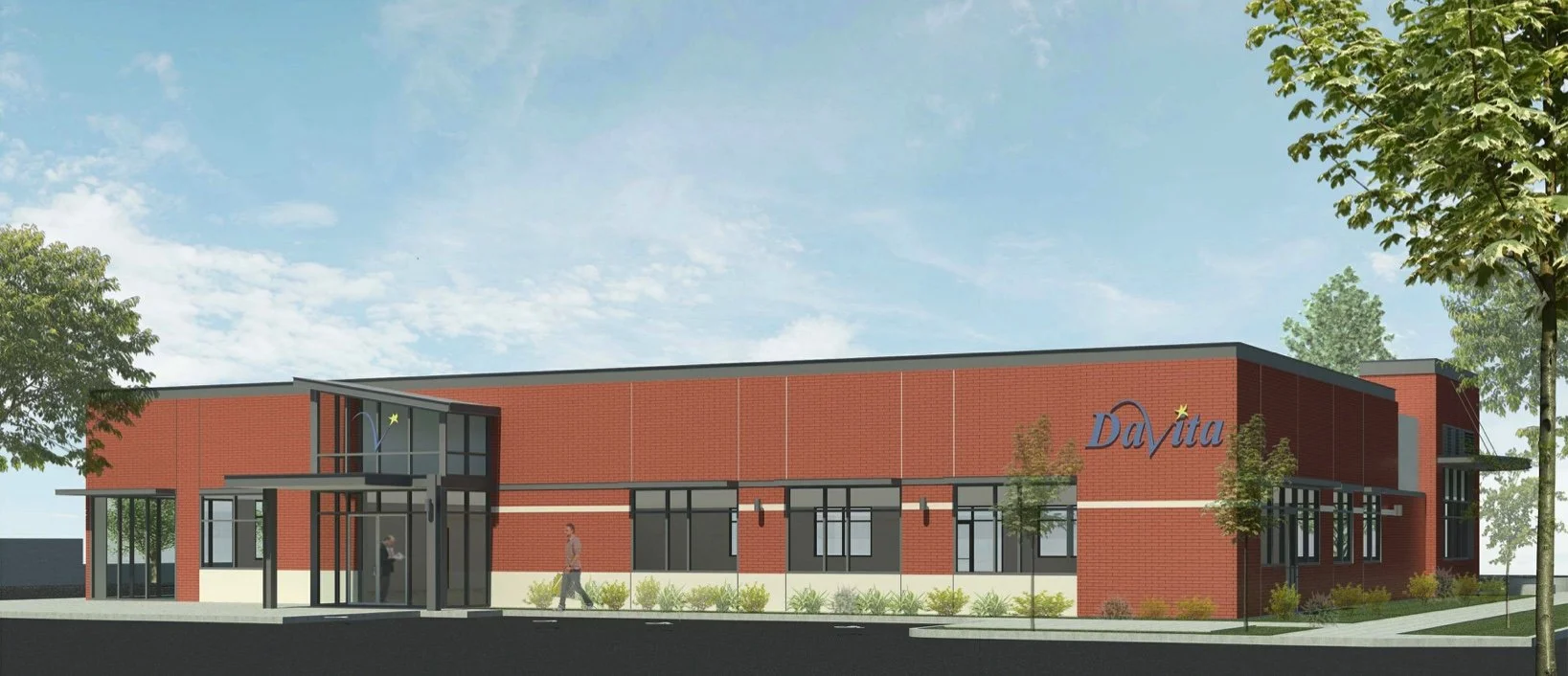 Digital rendering of a modern school building with red brick exterior, glass entryway, and the name "Davita" on the side, surrounded by trees and a sidewalk under a blue sky.