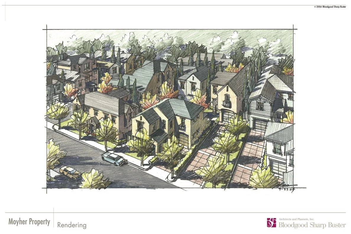 A detailed architectural illustration of a residential neighborhood with multiple houses, trees, cars parked along the street, and a driveway area.