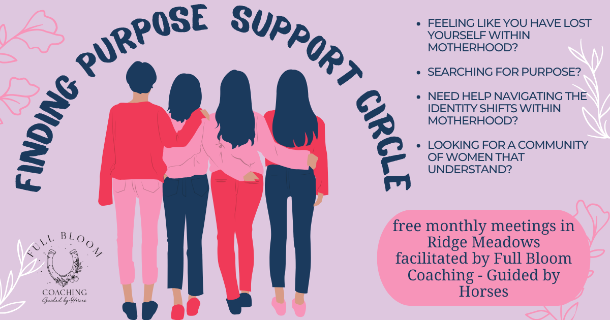 An advertisement for a women support circle titled 'Finding Purpose Support Circle' with four women embracing each other from behind, and details about free monthly meetings and coaching in Ridge Meadows.