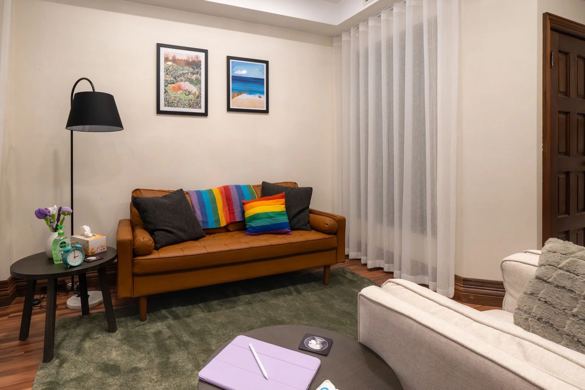 Living room with a tan leather sofa decorated with rainbow-colored and dark gray pillows, a side table with household items, black floor lamp, white sheer curtains, and framed artwork of nature scenes on the wall.