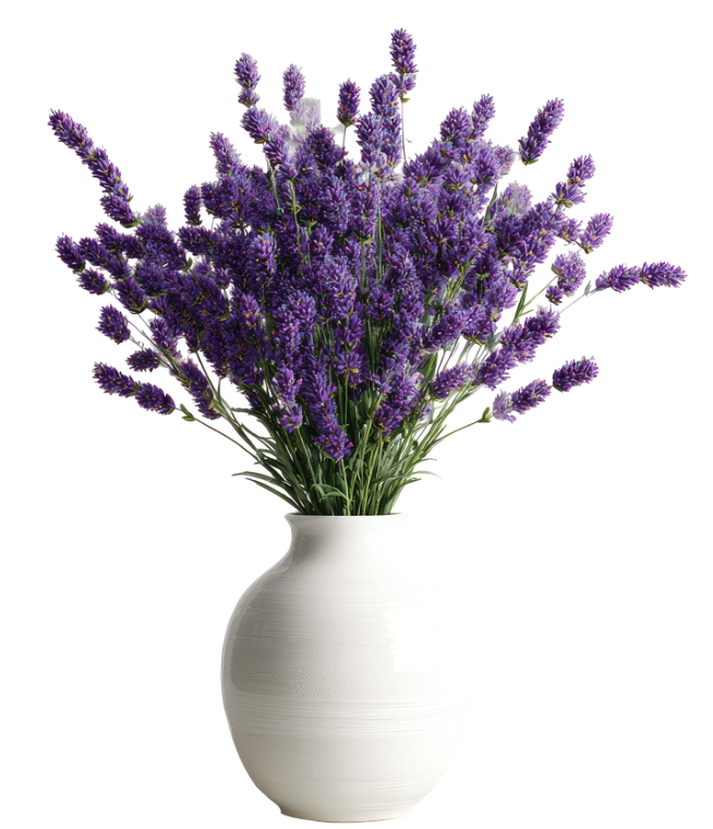 A white ceramic vase filled with a bouquet of fresh purple lavender flowers.