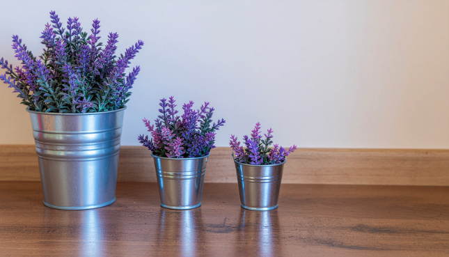 Three small silver metal pots with purple lavender plants arranged in size from largest to smallest on a wooden surface against a plain background.