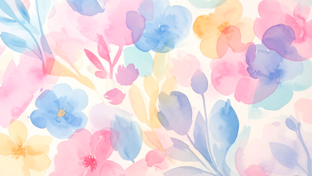 Watercolor painting of pastel-colored flowers and leaves in pink, blue, purple, and yellow.