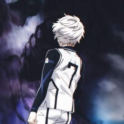 Anime character with white hair wearing a white sports jersey with the number 7, standing with his back to the camera near a dark, ominous cave or mountain background.