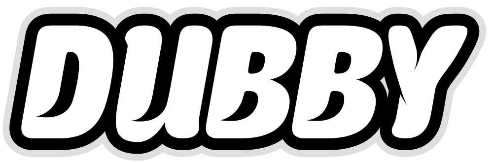 Bold black and white logo spelling 'DUBBY' with a black outline.