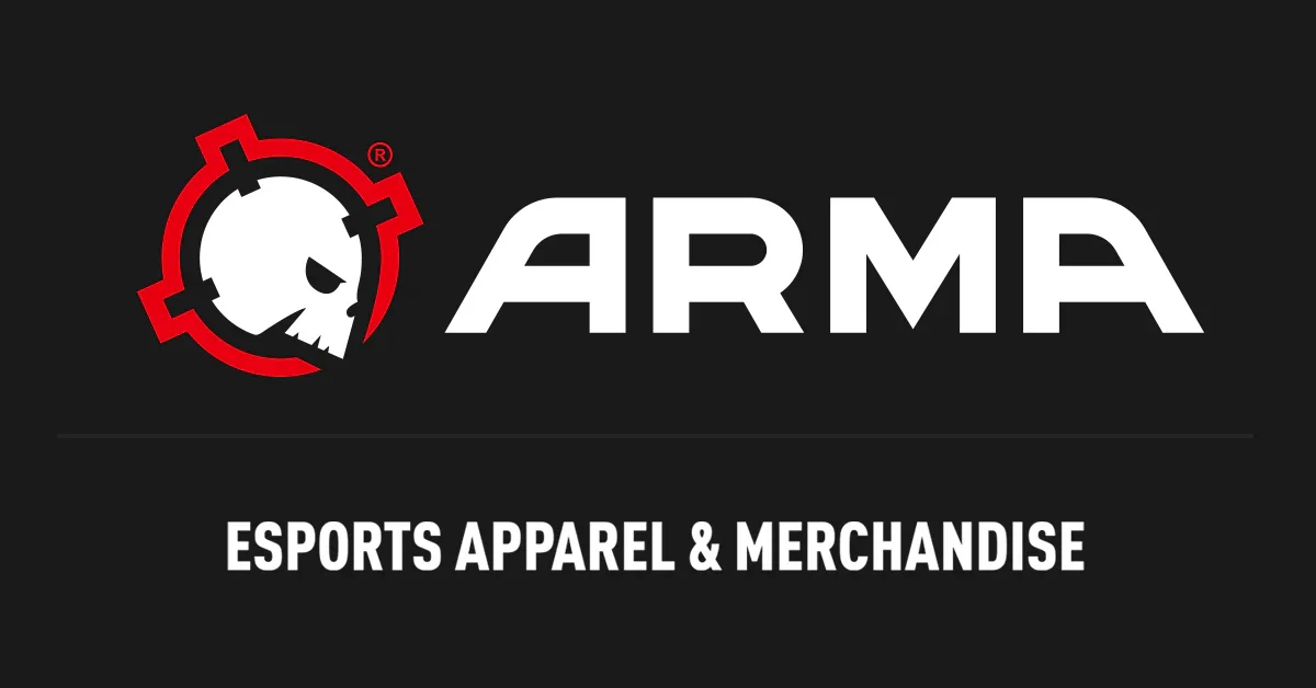 Black background with a white skull logo surrounded by a red circle on the left. To the right, the word "ARMA" in bold white letters. Below, the text "ESPORTS APPAREL & MERCHANDISE" in white.