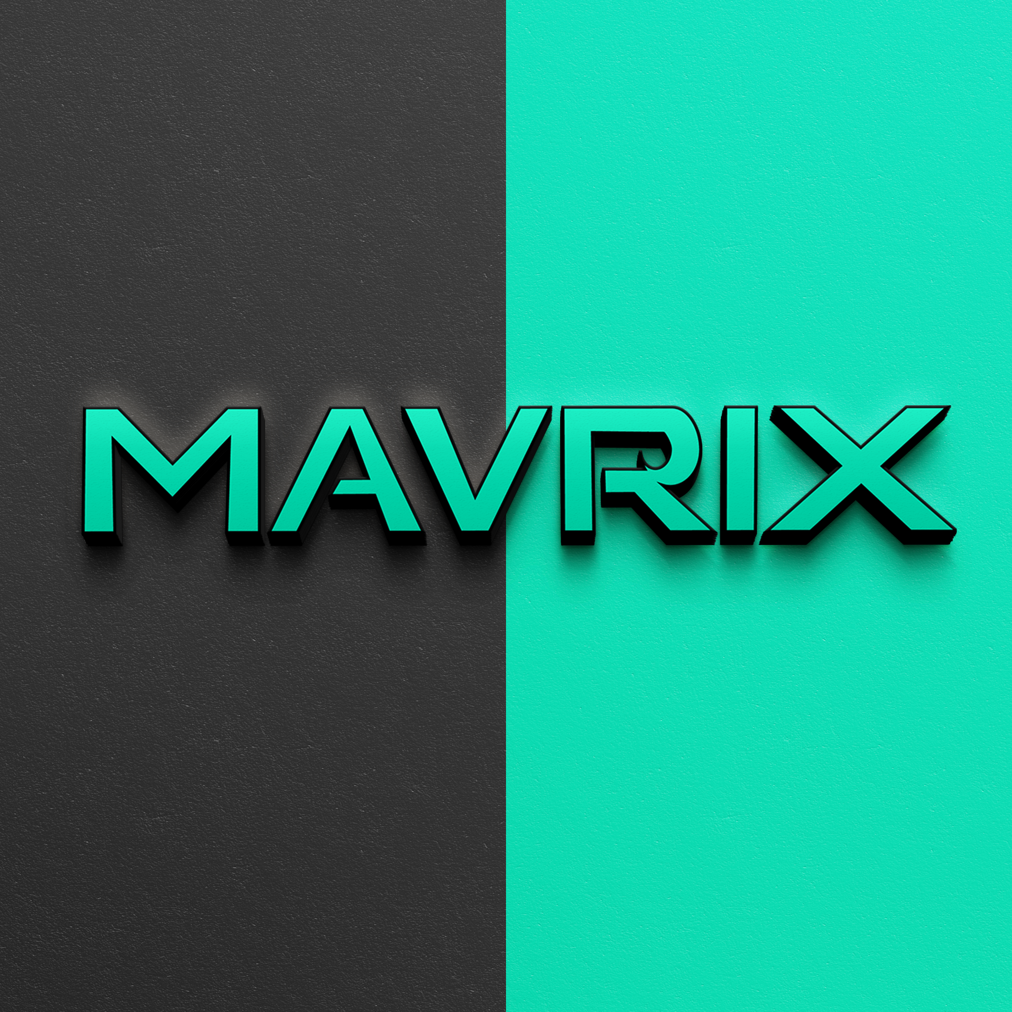 3-D text spelling 'MAVERIX' in turquoise with black shadows, split background with black on the left and turquoise on the right.