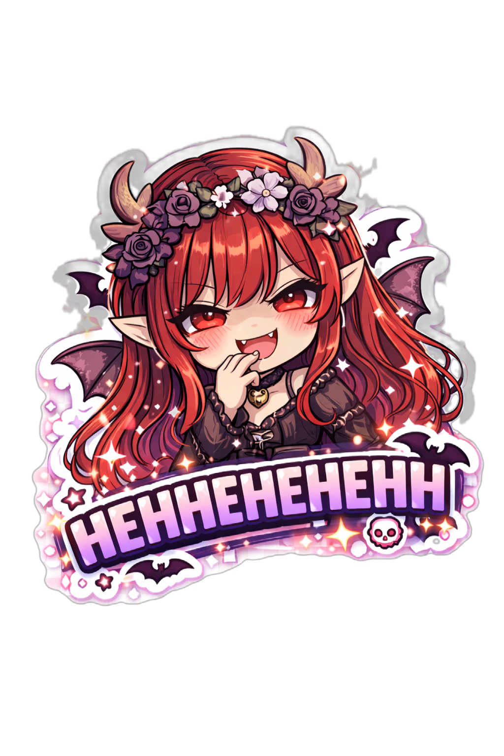 A chibi-style demon girl with red hair, horns, and bat wings, wearing a flower crown, with a mischievous smile and fangs, surrounded by Halloween-themed elements and the text "HEHEHEHE".