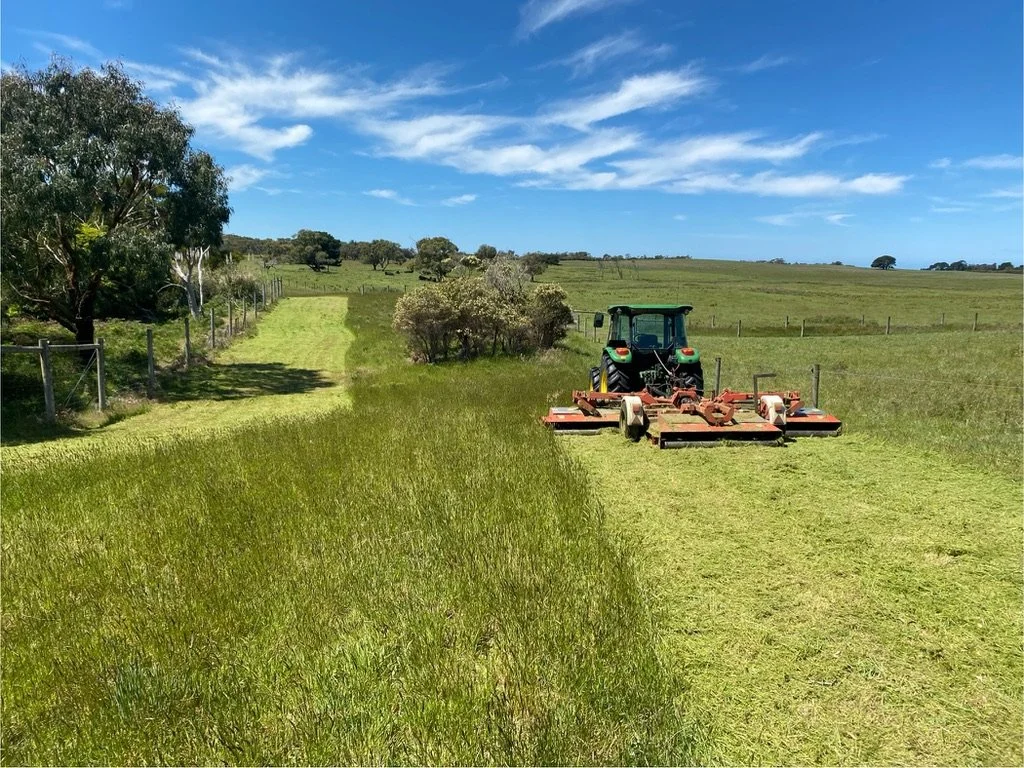 A green tractor mowing a field of grass in a rural landscape with trees, a fence, blue sky, and some clouds.