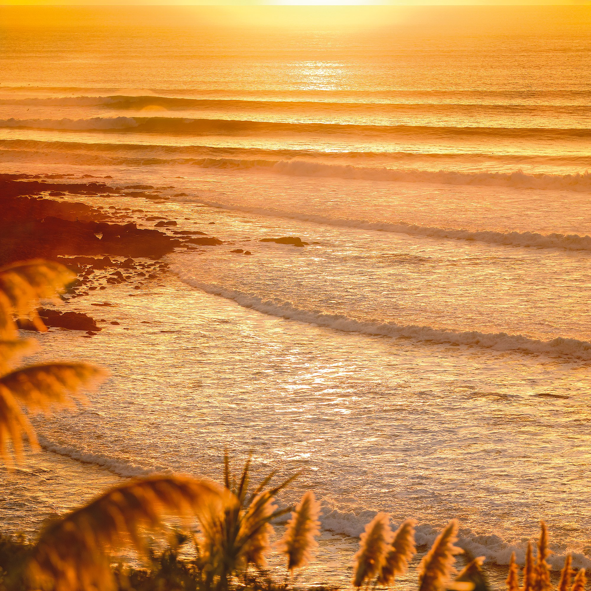 A rare autumn swell at Raglan, where waves were breaking from Indicators all the way through Whale Bay. This fine art photograph captures the golden evening light and the incredible length of the Tasman Sea lines during a classic New Zealand point br