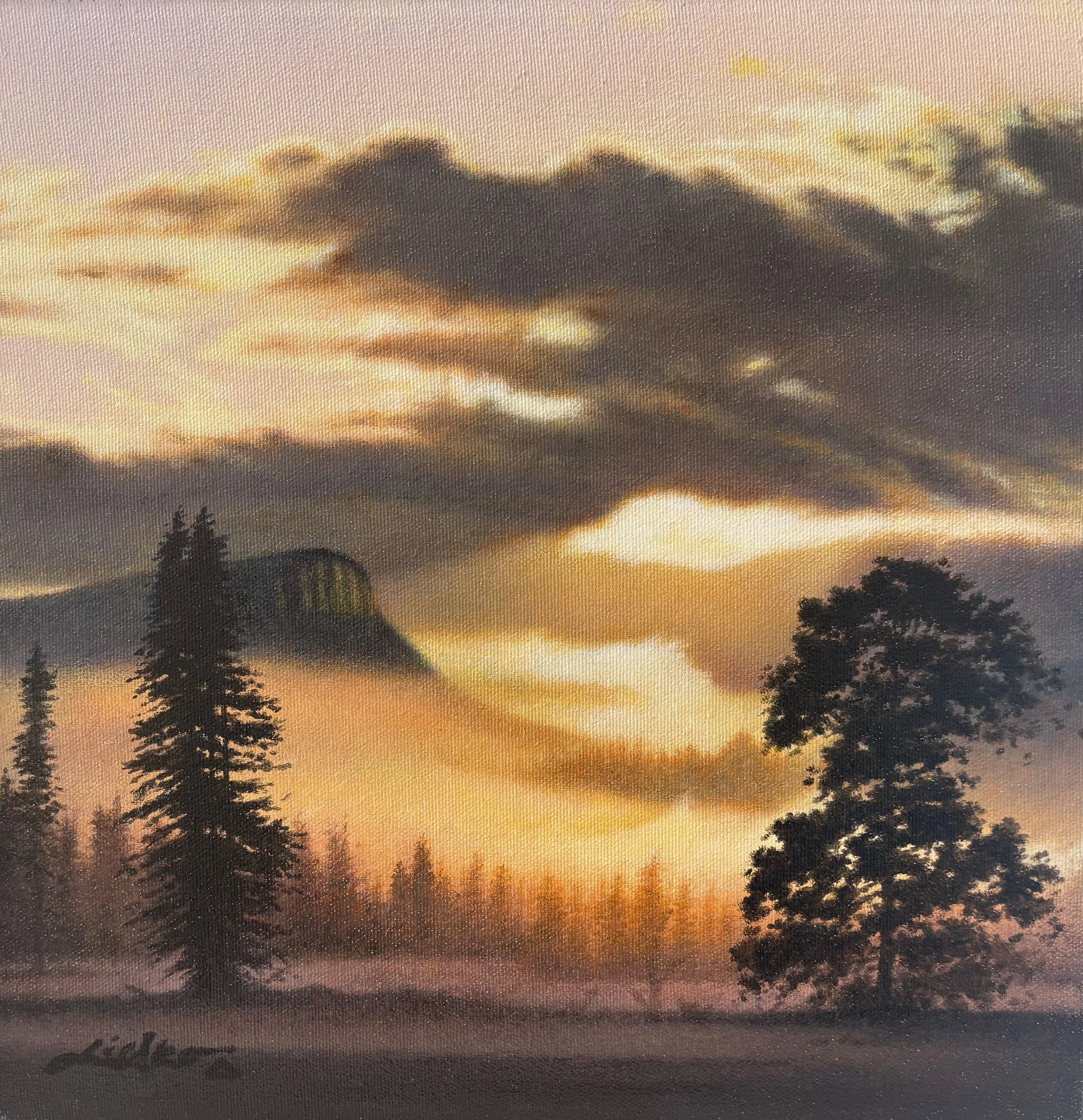 Mt. Maxwell oil painting by Frank Licsko, showing golden light beneath dark clouds above the mountain and foreground trees.