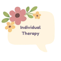 A floral speech bubble with pink, yellow, and green flowers and leaves, containing the text 'Individual Therapy'.