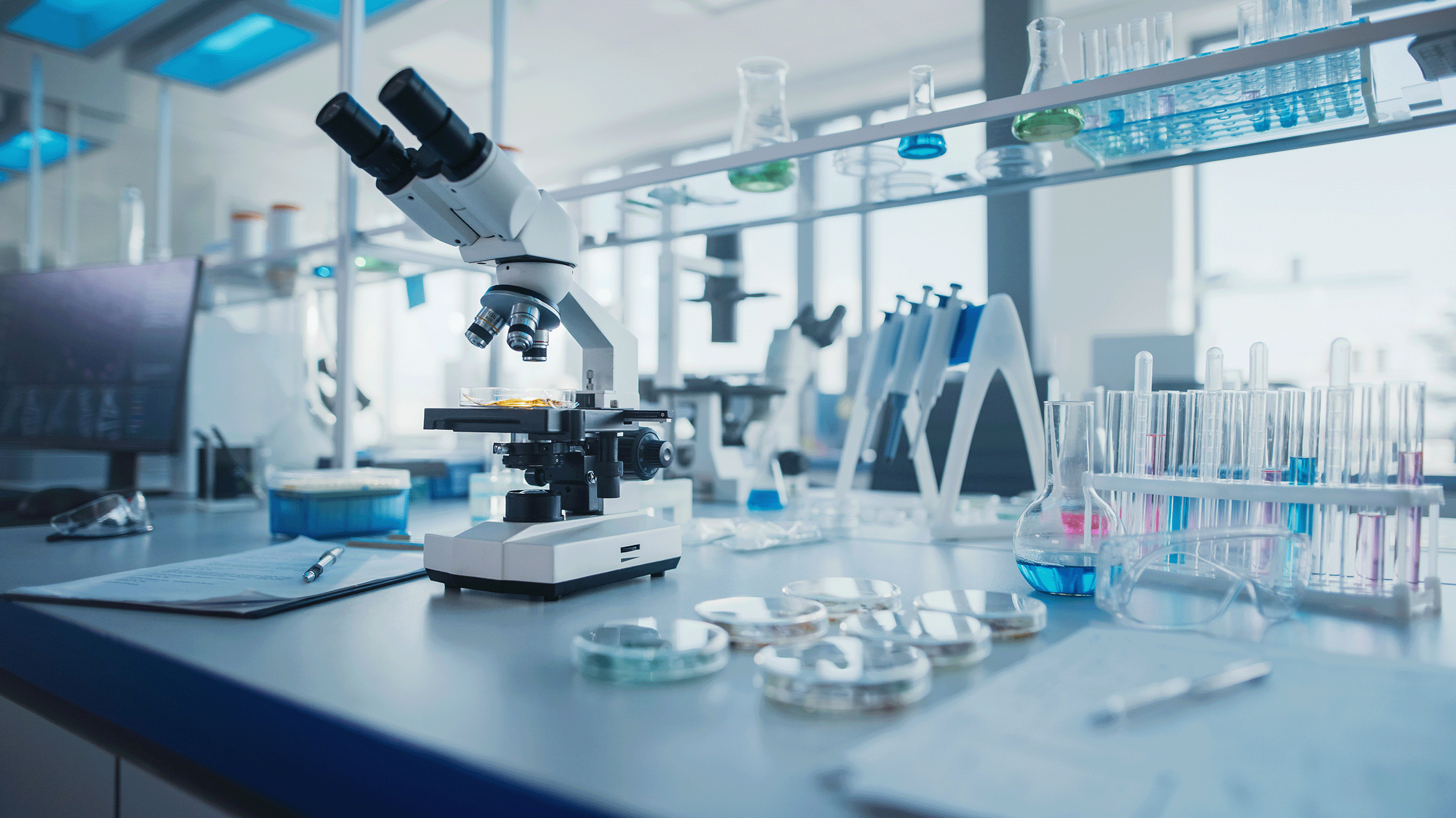 A laboratory with a microscope, test tubes with colorful liquids, petri dishes, and laboratory equipment on a clean counter, illuminated by bright natural light.