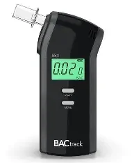 A handheld digital breathalyzer device with a digital screen and buttons, used for measuring blood alcohol content.