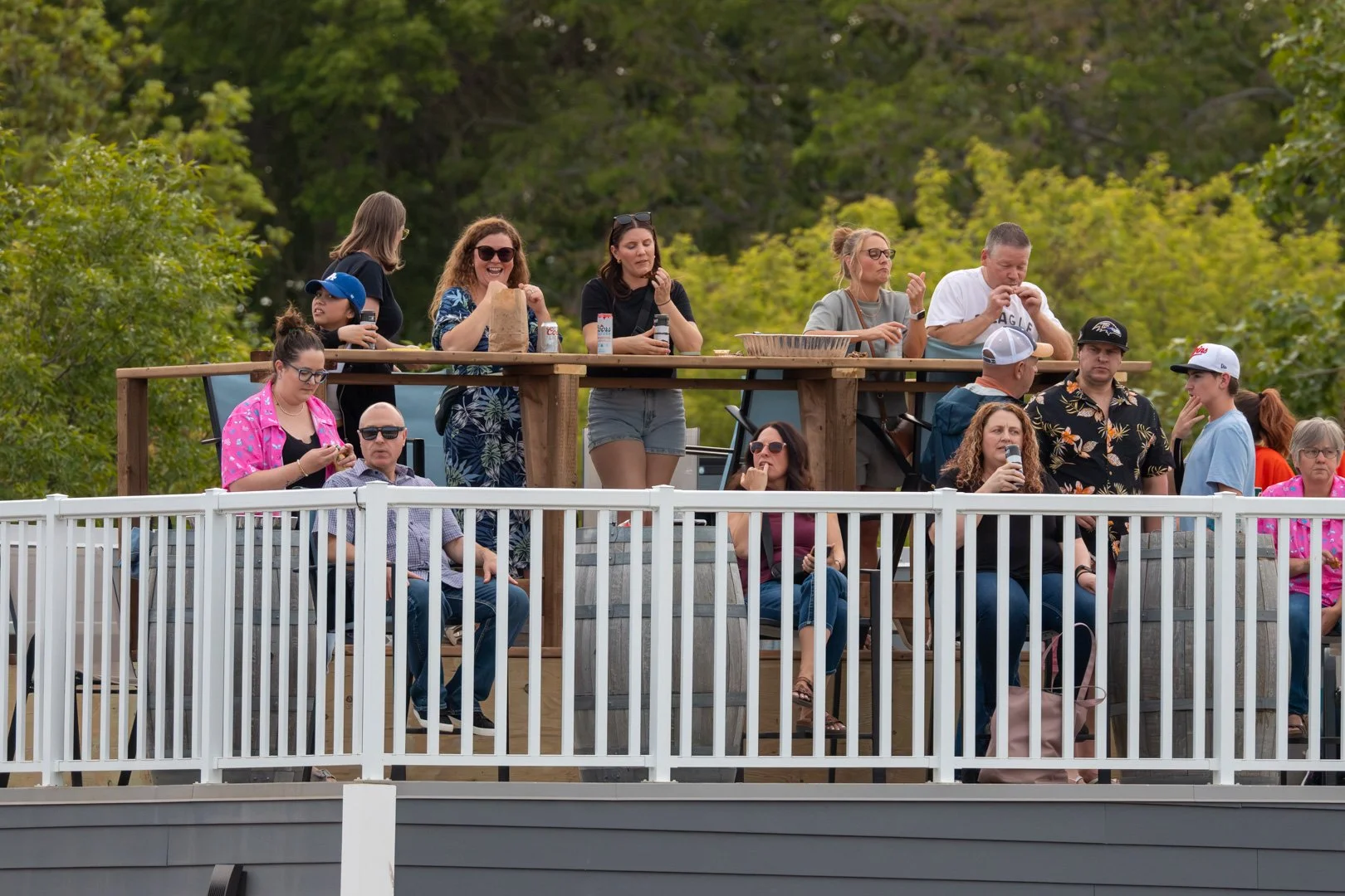 Group of people on a multi-level deck outside, some sitting and some standing, with trees in the background.
