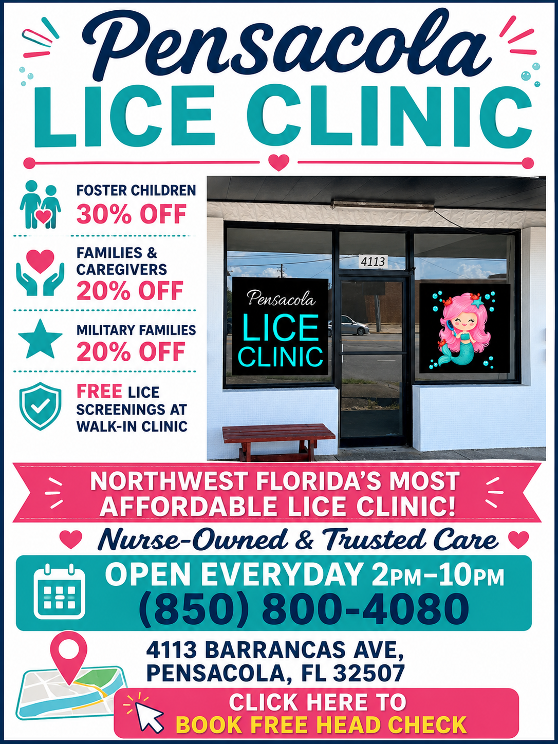 Poster for Pensacola Lice Clinic with promotional offers and contact information, including address and phone number.