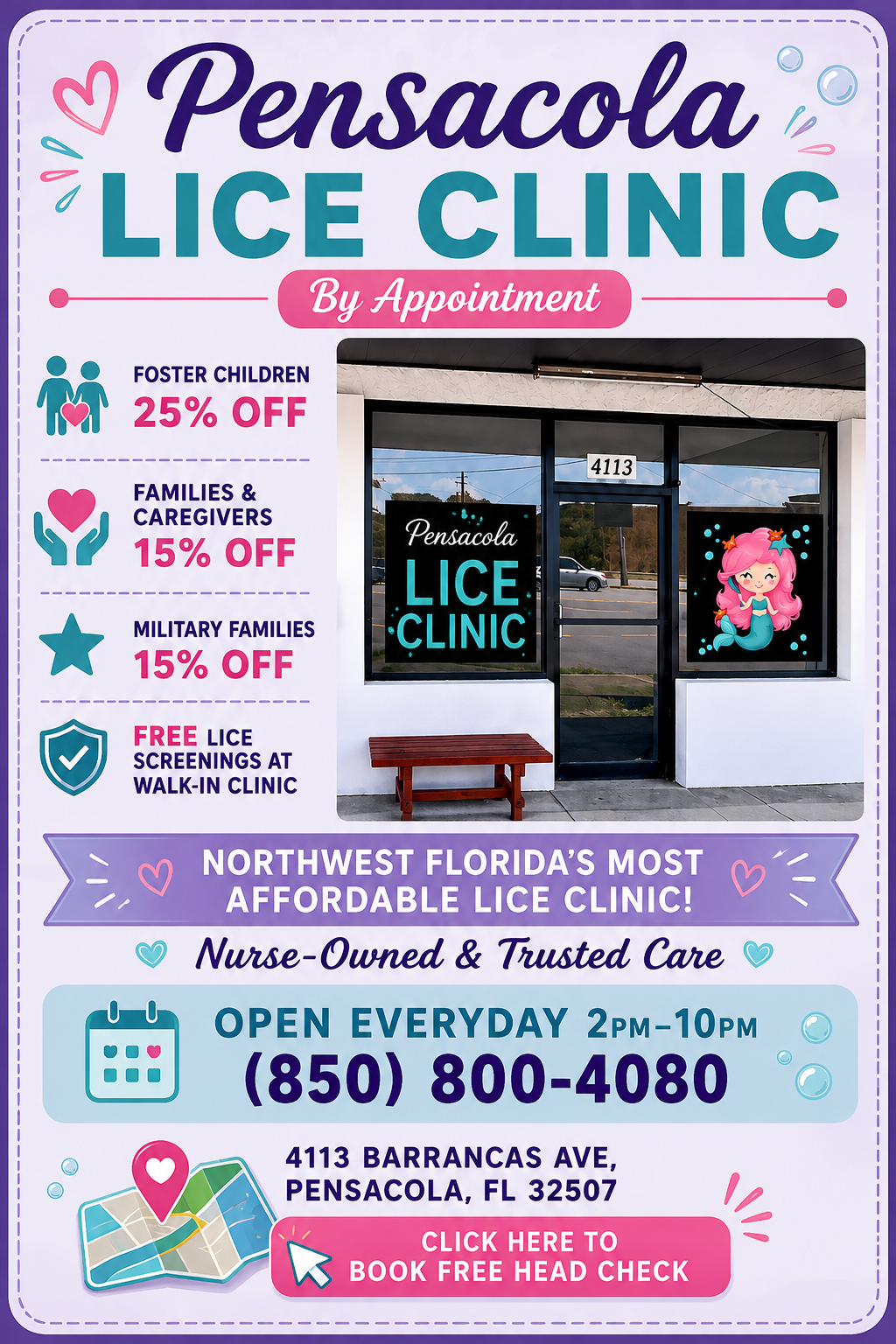 Flyer for Pensacola Lice Clinic with services, discounts, contact information, and a photo of the clinic entrance.