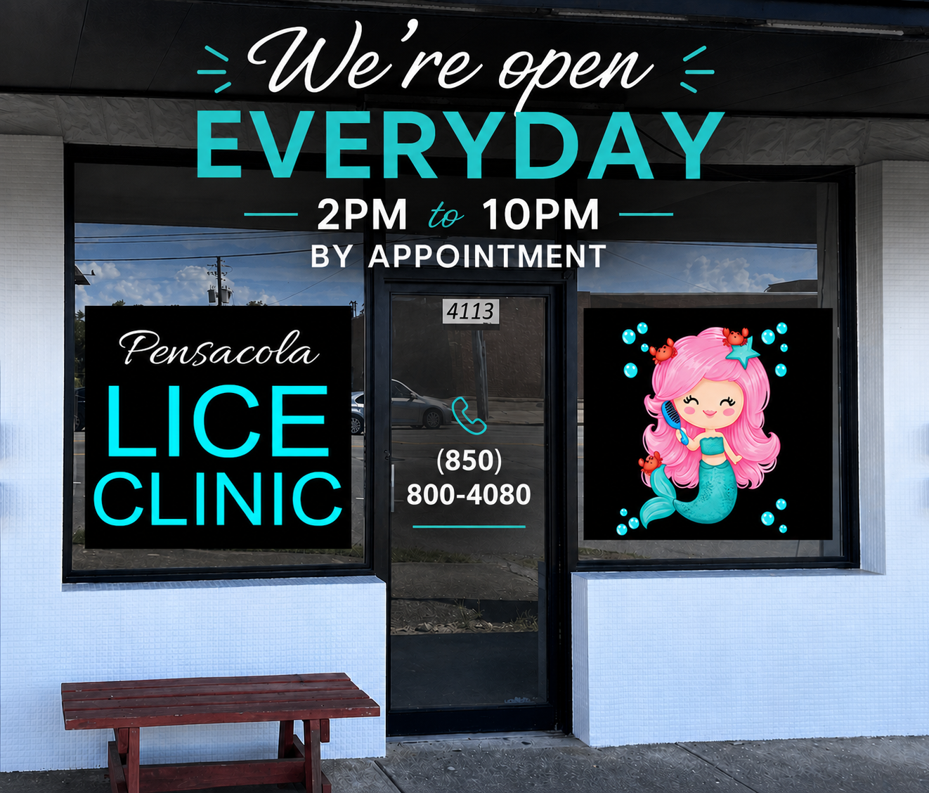 Sign outside a clinic advertising service hours from 2 PM to 10 PM by appointment, with a black sign for Pensacola Lice Clinic, a cartoon mermaid with pink hair, a blue tail, and a starfish in her hair, and the clinic's phone number (850) 800-4080, on the door.