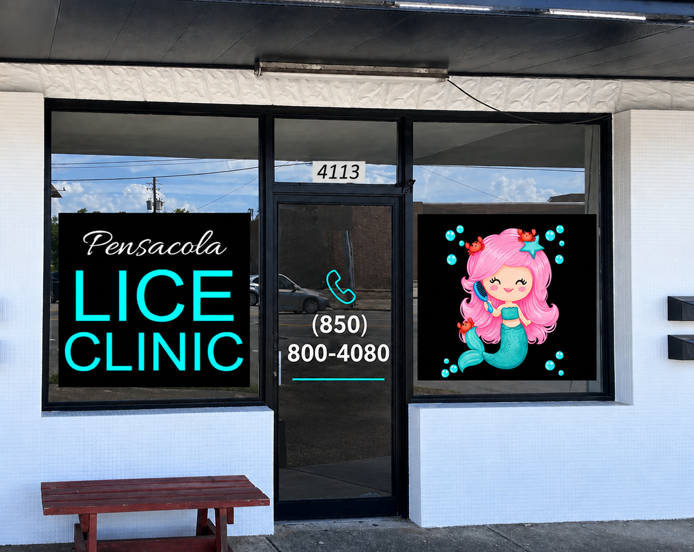 Sign for Pensacola Lice Clinic with phone number and a cartoon mermaid with pink hair, surrounded by bubbles and small creatures.