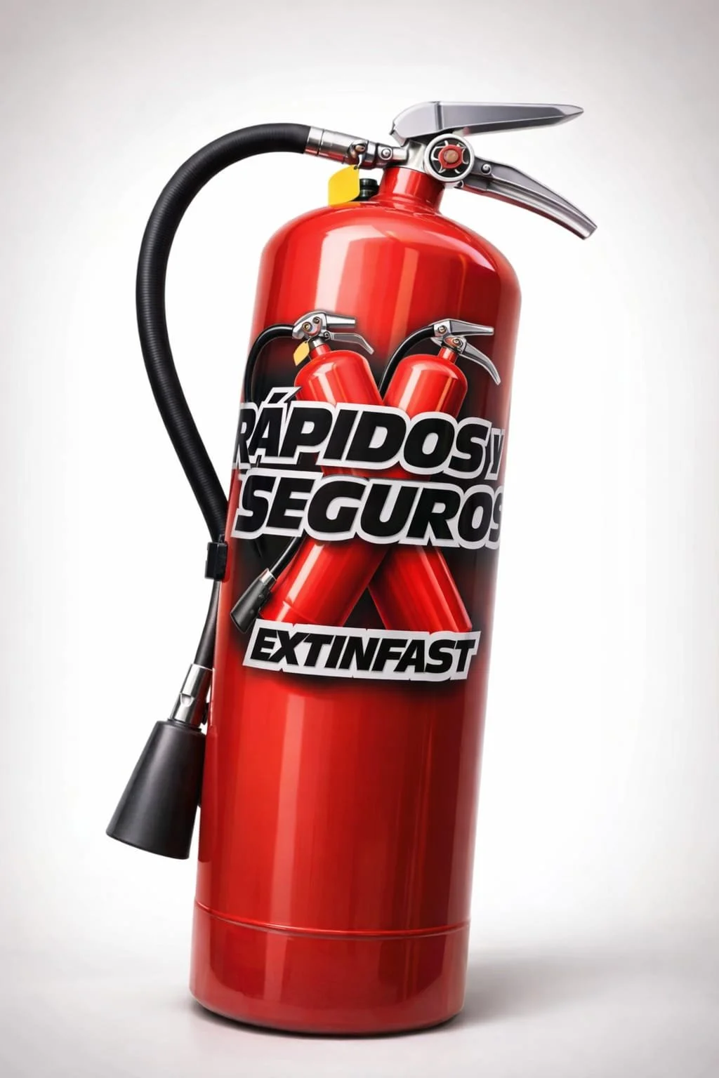 Extintor de fuego rojo con la frase 'Rápidos y Seguros ExtingFast' en letras grandes y blancas, con un fondo blanco.