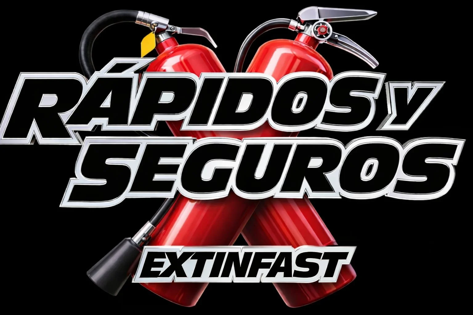 Dos extintores rojos con una manguera y boquilla en el fondo negro, con texto en letras grandes y negritas que dice "Rápidos y Seguros Extinaast".