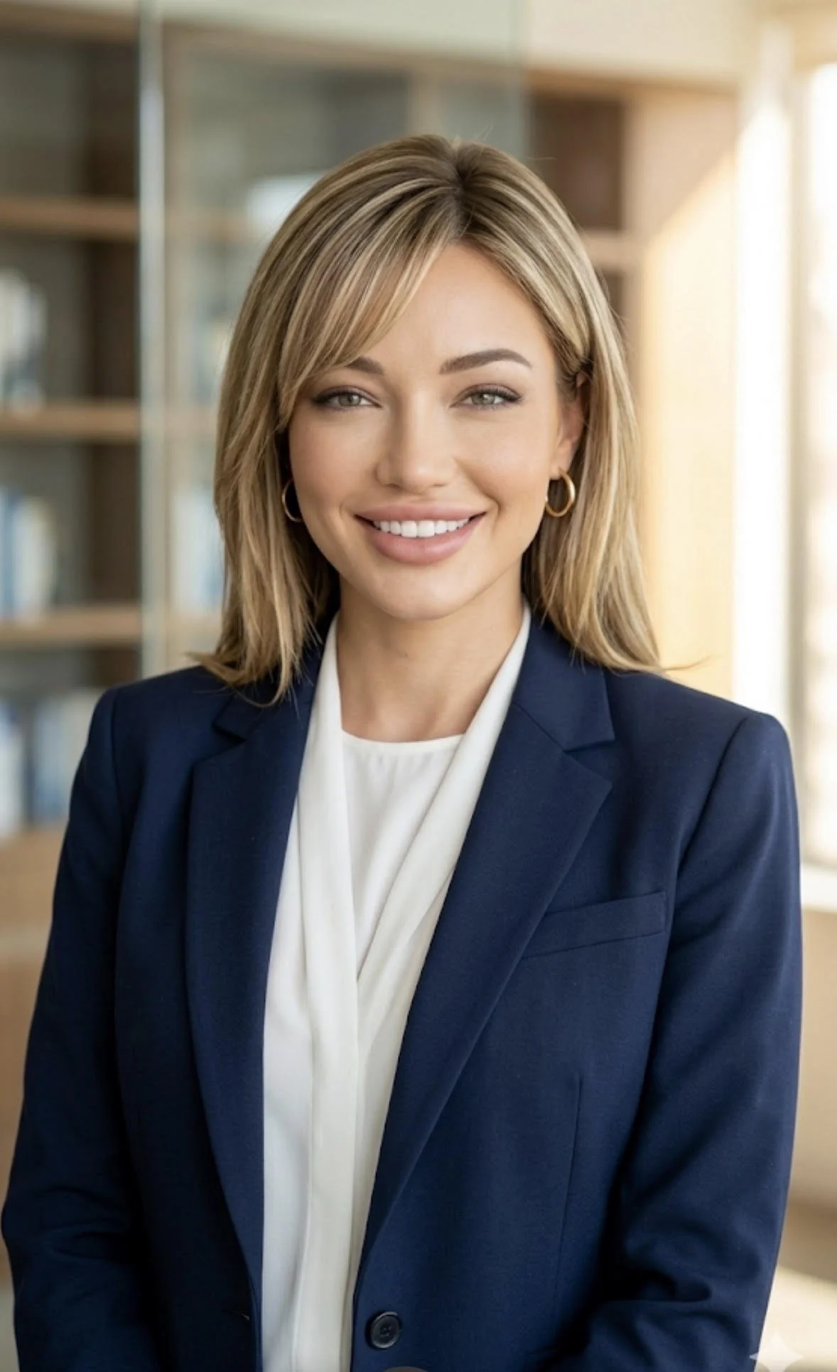 A woman dressed in a navy blazer and white blouse, smiling in an indoor setting with bookshelves in the background.