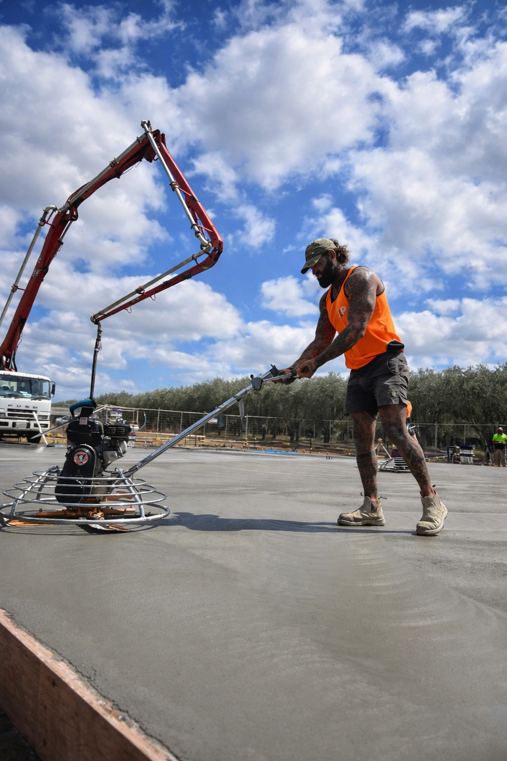 Man in orange tank top and shorts smoothing wet concrete with a power trowel on a construction site under partly cloudy sky.