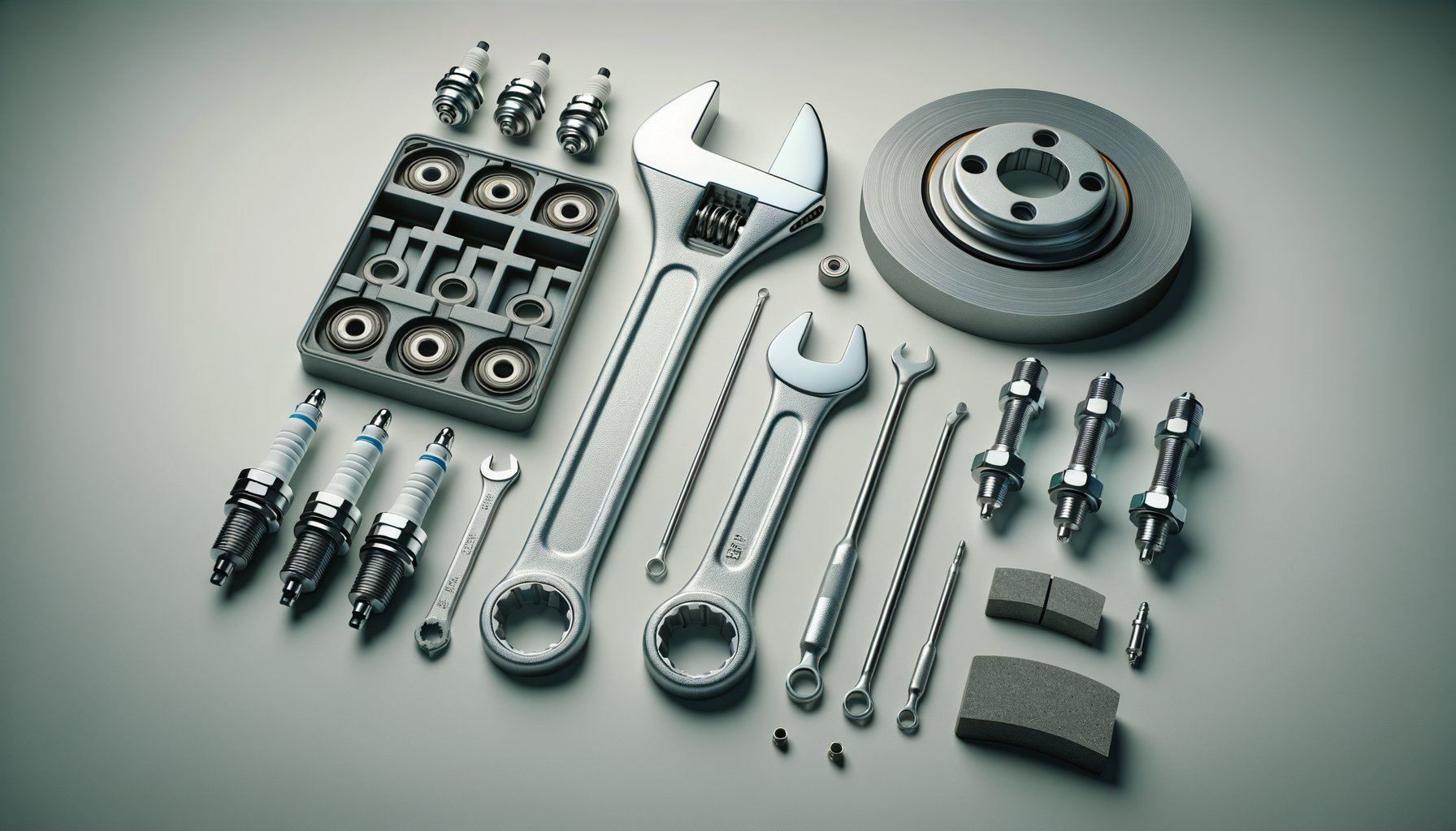Various automotive parts and tools laid out on a surface, including spark plugs, a wrench, screwdrivers, brake disc, pads, and other mechanical components.
