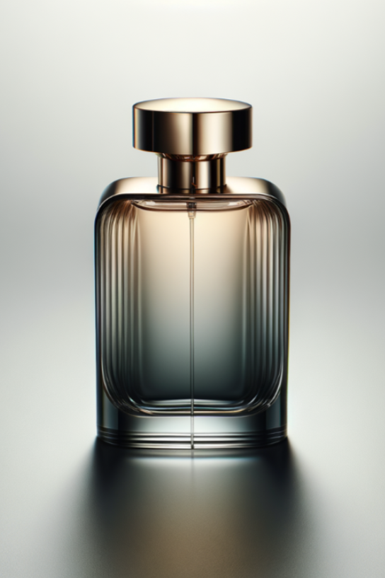 A close-up of a modern, sleek perfume bottle with a metallic cap, set against a plain, gradient background.
