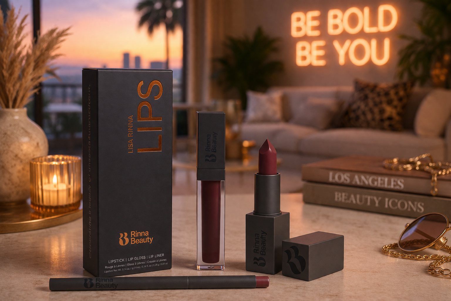 Lipstick and lip gloss from Rinna Beauty on a marble surface in a room with a sunset view, decorative plants, a candle, sunglasses, and books titled "Los Angeles" and "Beauty Icons," with a neon sign reading "Be Bold Be You" in the background.