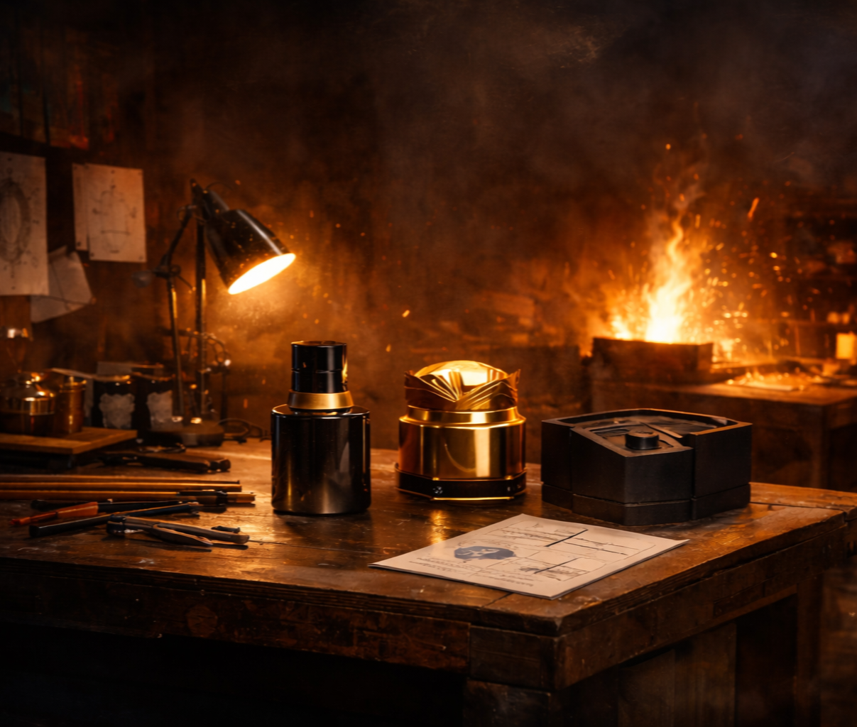 A workshop with a table holding a lamp, a black and gold container, a black box, and fallen papers, with a fire burning in the background.