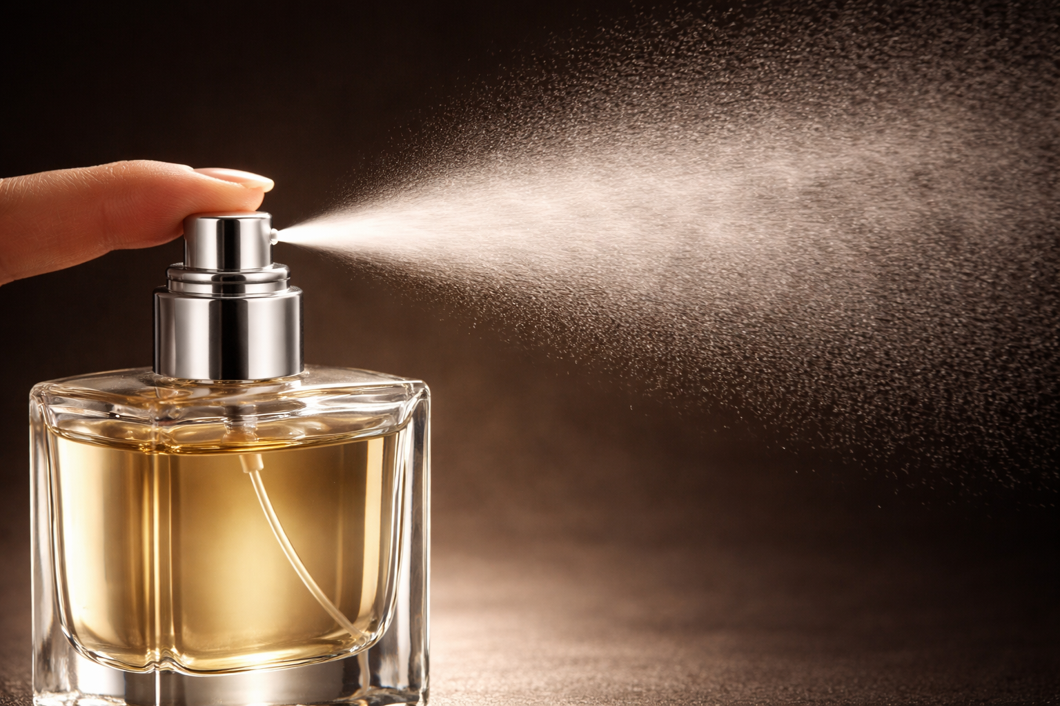 A person's finger pressing a spray nozzle of a perfume bottle, releasing a fine mist of perfume against a dark background.