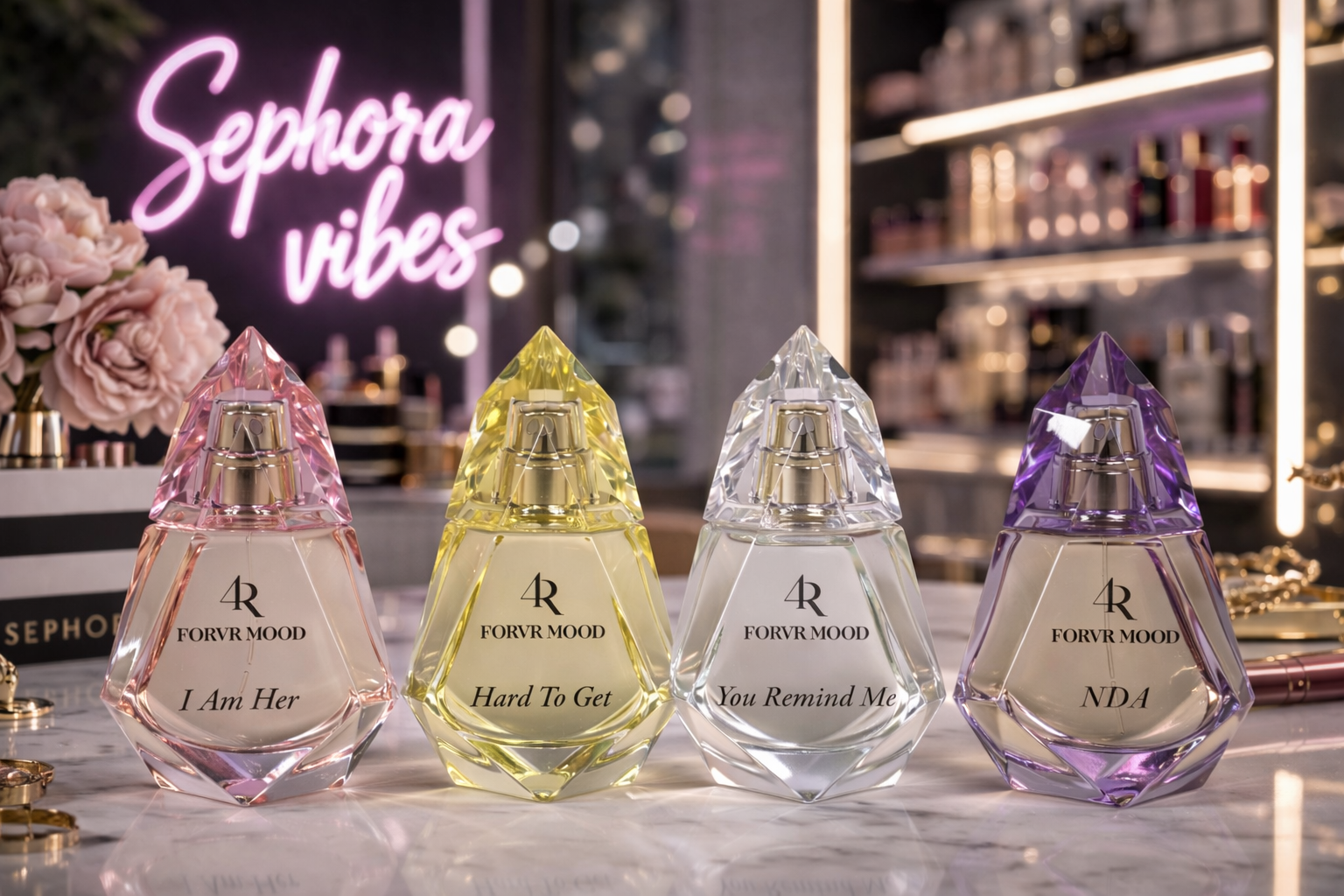 Four perfume bottles on a marble surface, each with a different pastel color cap and label, and a neon sign in the background that reads 'Sephora vibes' in pink