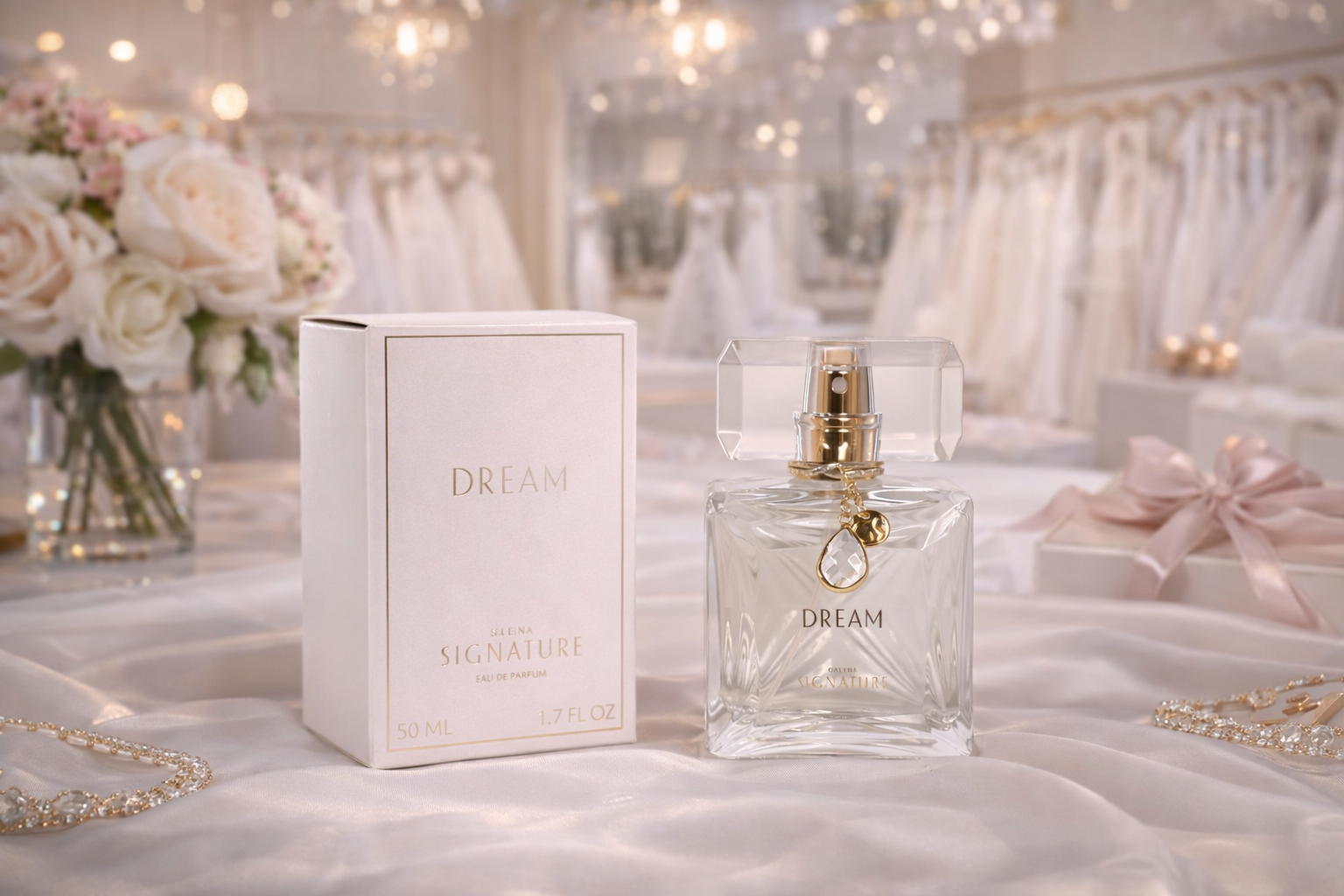 A bottle of perfume labeled 'Dream' next to its packaging box, surrounded by jewelry and gift boxes on a luxurious table with a floral backdrop