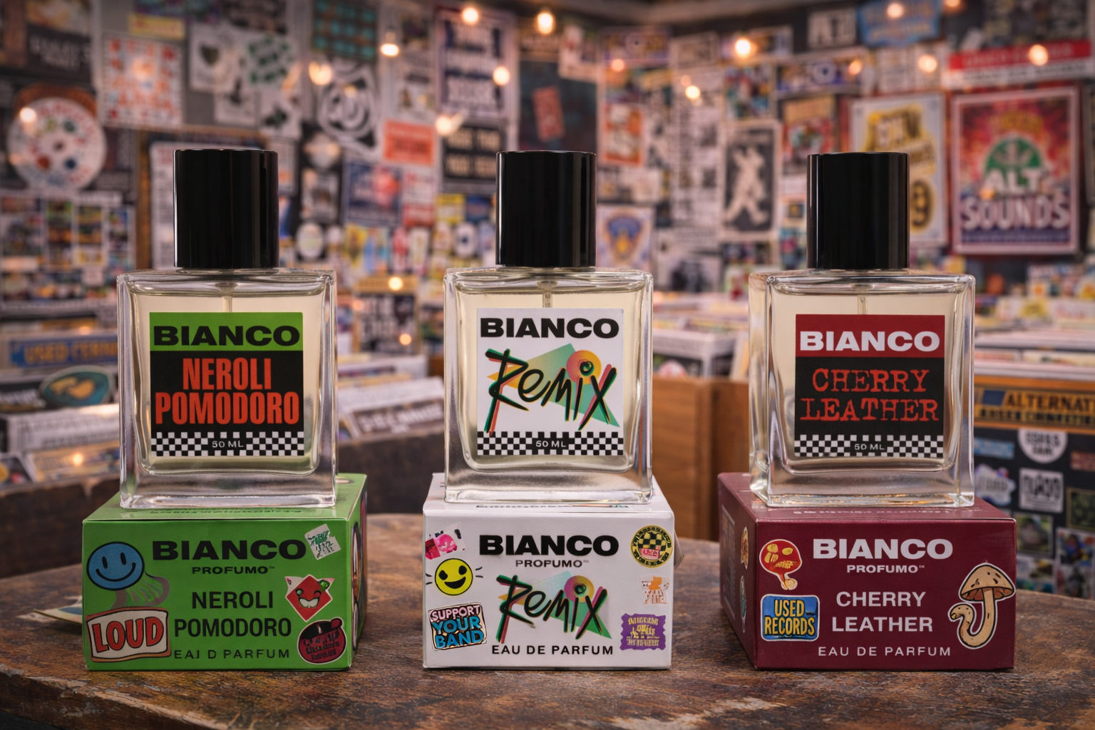 Three bottles of Bianco perfume with colorful, vintage-style labels are displayed on boxes on a rustic wooden surface. The background features a wall decorated with various posters and artwork.