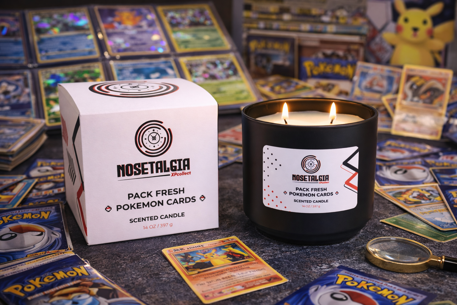 A scented candle and a box of Pokémon cards on a table, with more Pokémon cards displayed in the background.