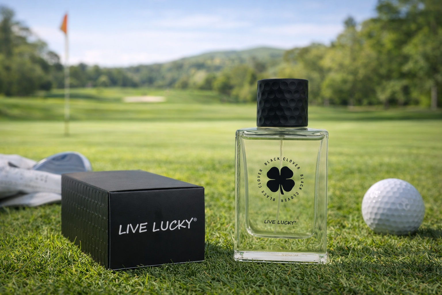 A bottle of Black Clover Live Lucky perfume sits on a golf course, with a golf ball and a black box labeled 'Live Lucky' nearby. A golf shoe is partially visible on the left, a flag on the green in the background.