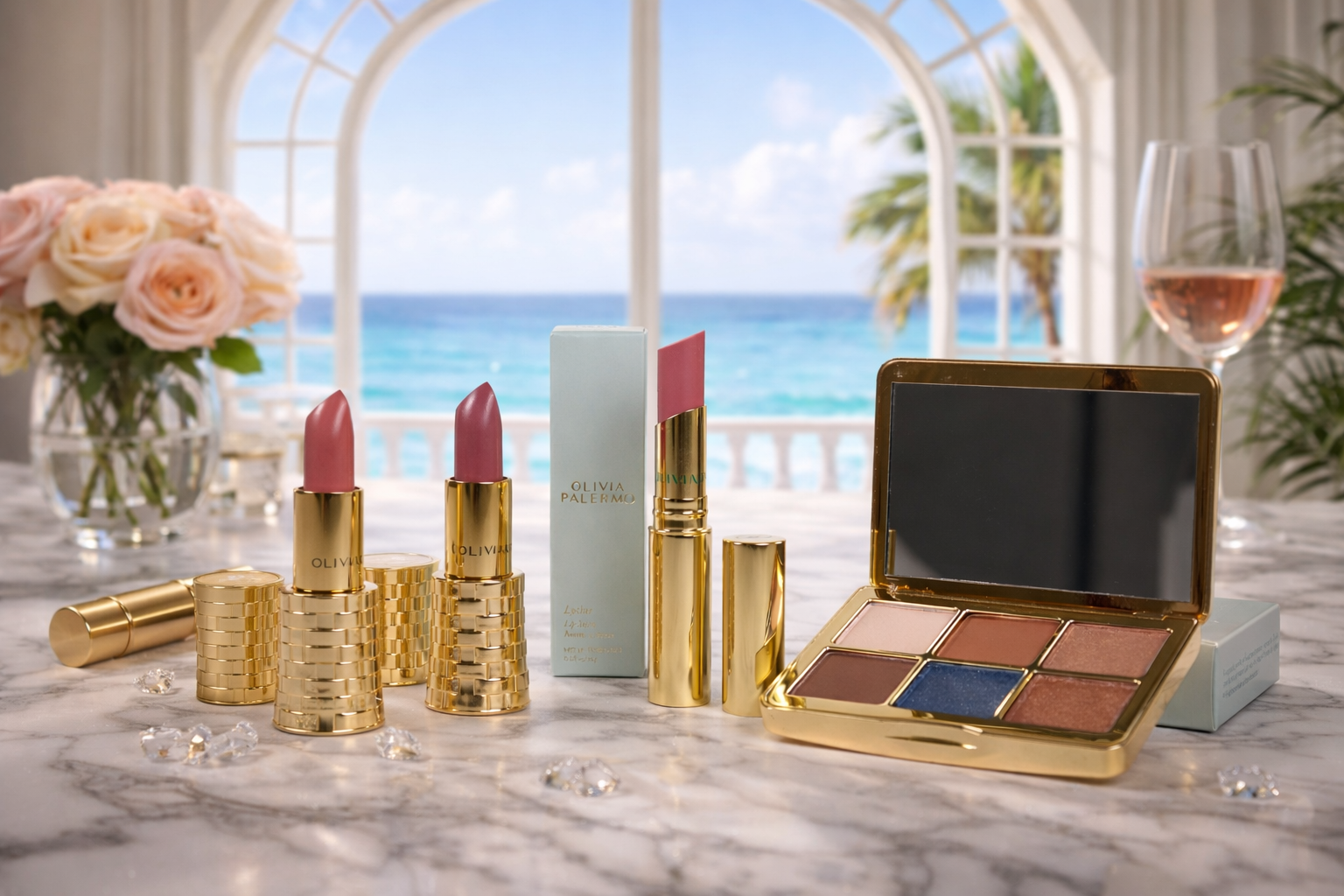 A marble table with various beauty products including lipstick, eyeshadow palette, and skincare items, with a view of the ocean and sky through a large window in the background.