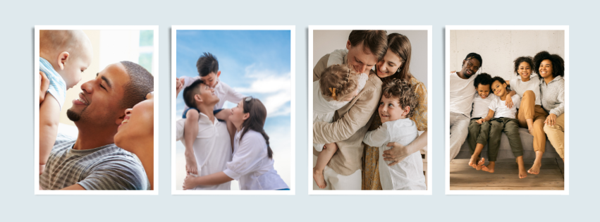 Four images of diverse families enjoying time together, including parents with children and family moments.