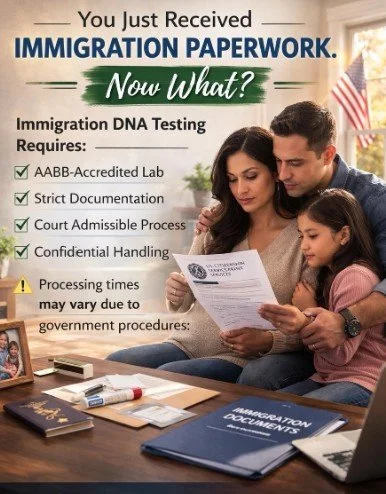 Family reviewing immigration paperwork at home for DNA testing near Danbury, CT